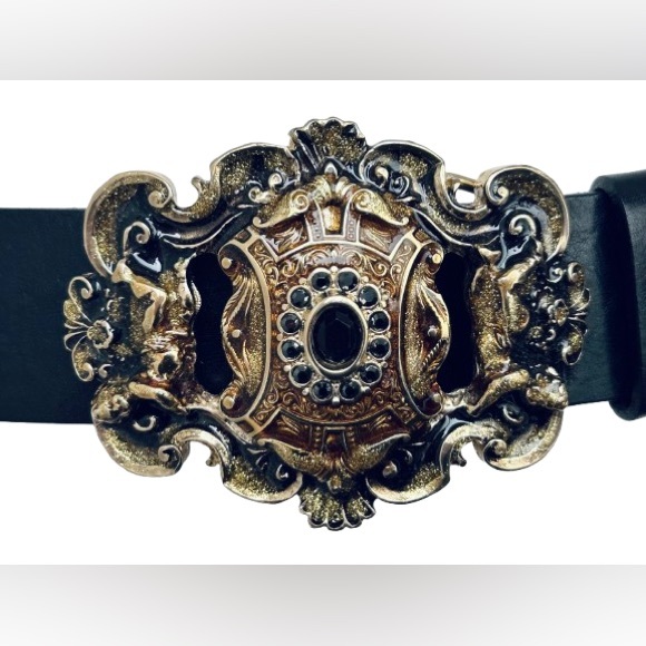 Ornate Vintage Leather Doncaster Black enamel Gold Bronze Belt Large 90s Y2K - Picture 1 of 10